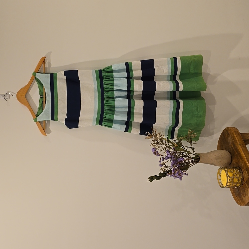 Sleeveless Midi Length Dress in Navy and Green Stripes